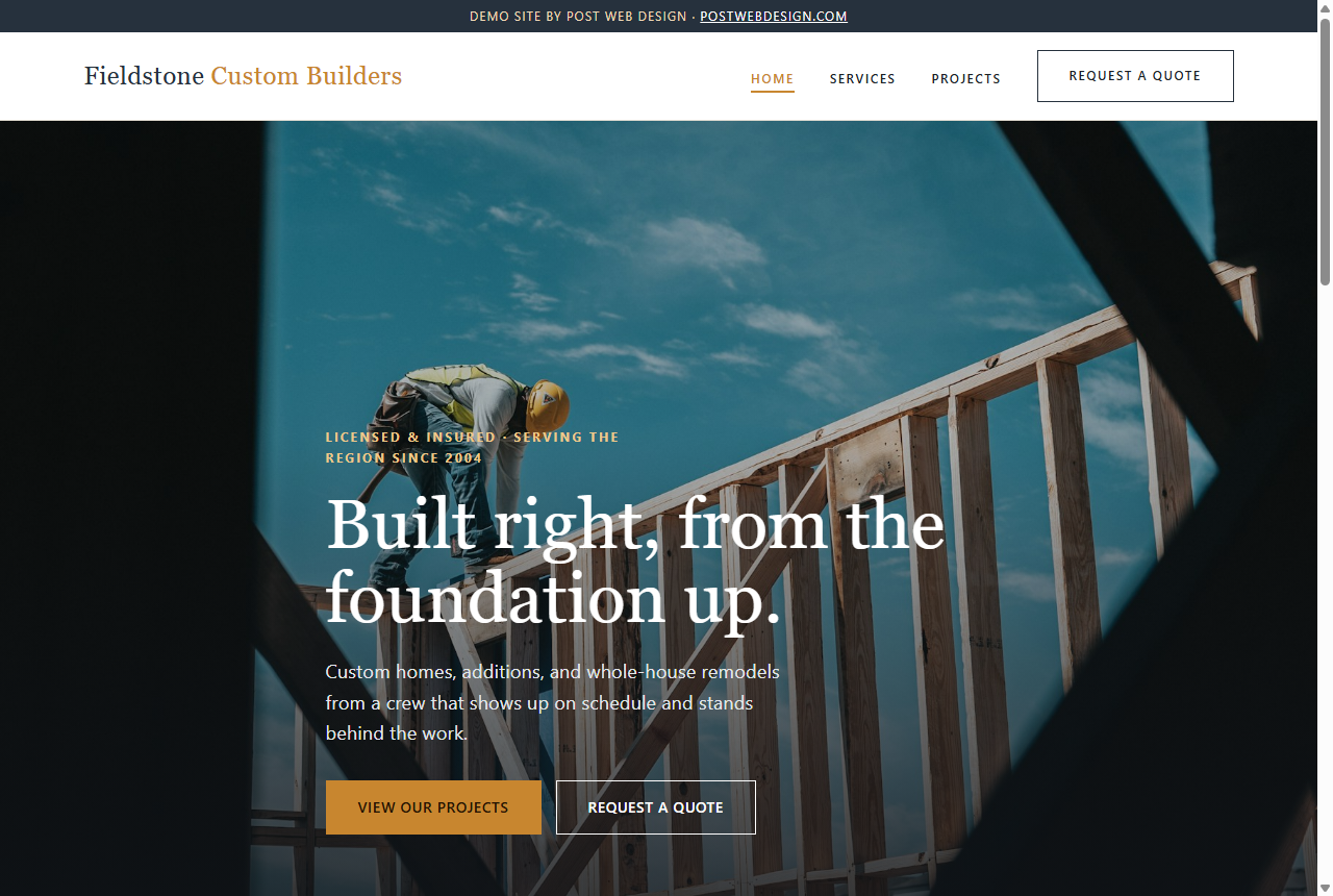 Fieldstone Custom Builders — home construction & remodeling website demo