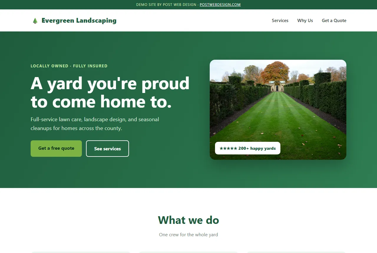 Evergreen Landscaping — sample website design by Post Web Design, not a client project