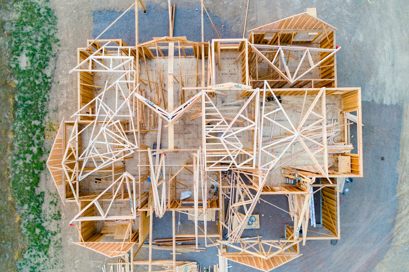 Aerial view of a house frame under construction